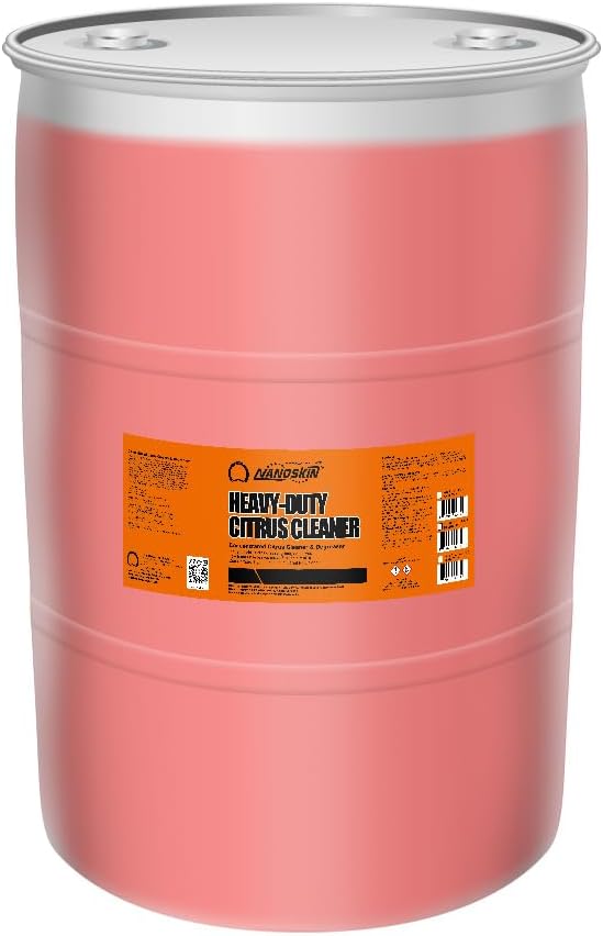 NANOSKIN Heavy-Duty Citrus Cleaner & Degreaser Concentrate 55 Gallon, Low-Foam Solvent, Dilutes up to 1:32, Cuts Grease Tar Adhesives, Safe on Metal Concrete Engines, For Auto Detailing, Shop & Home