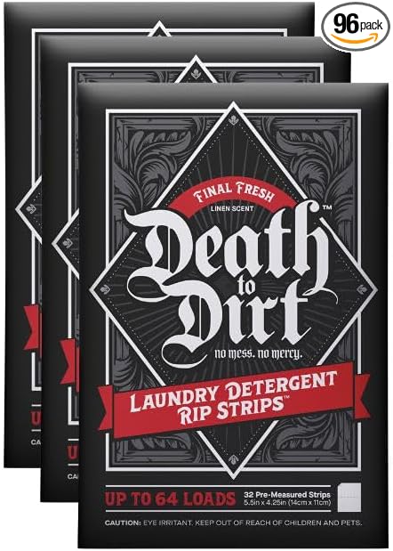Death to Dirt Laundry Detergent Sheets, 192 Loads, Tough on Stains and Odors, Gentle on Skin and Fabric, Plant-Based & Eco-Friendly, Final Fresh Linen Scent, 32ct (3 Pack)