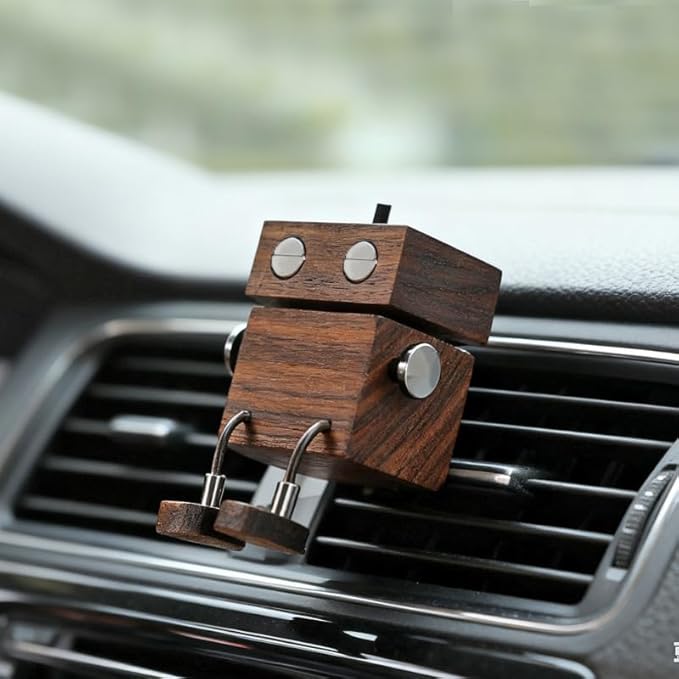 Car Air Diffuser - 2-in-1 Shaking Wooden Man Figurine & Refillable Aroma Vent Clip with 5ml Capacity, Natural Walnut Wood Essential Oil Air Freshener, Car Dashboard Decor Ornament for Driver