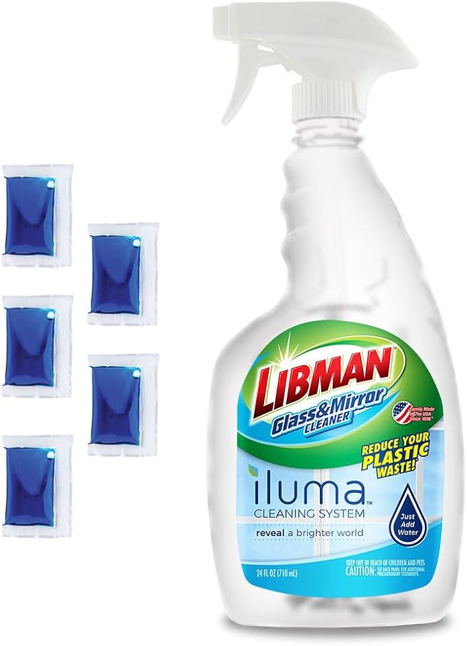 Libman Iluma Glass & Mirror Cleaner | Household Cleaning Products | Cleaning Supplies | Refillable Bottle | Glass Cleaner Spray | 24 fl oz Window Cleaner | 5 Total Concentrated Dissolvable Pods