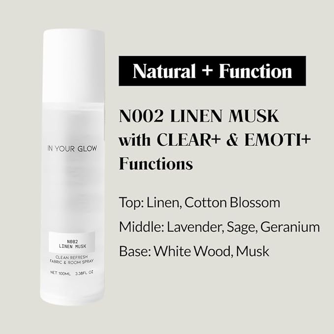 In Your Glow – N002 LINEN MUSK – Long-Lasting Clean Fabric & Room Mist Spray 100ml | Unisex Luxury Fragrance Spray & Odor Eliminator
