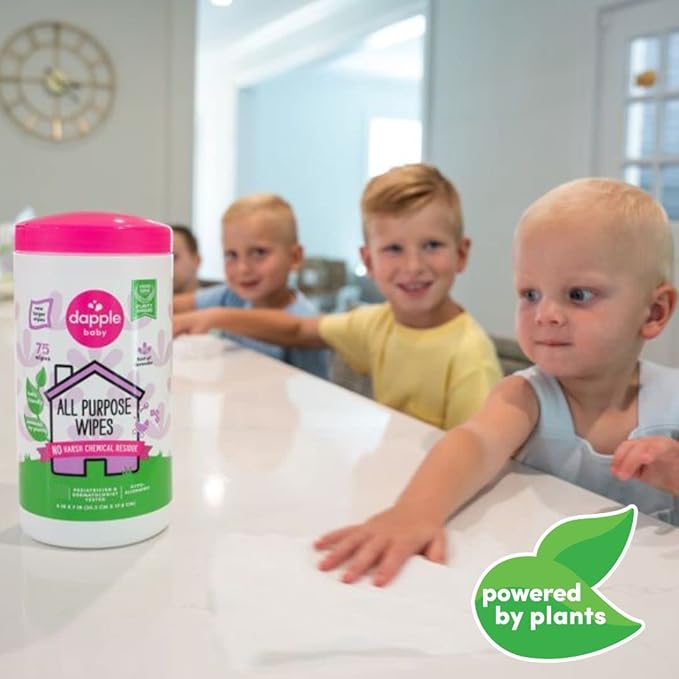 Dapple Baby All Purpose Wipes, Plant Powered, Hint of Lavender, Hypoallergenic, 75 Count Canister + 30 Count