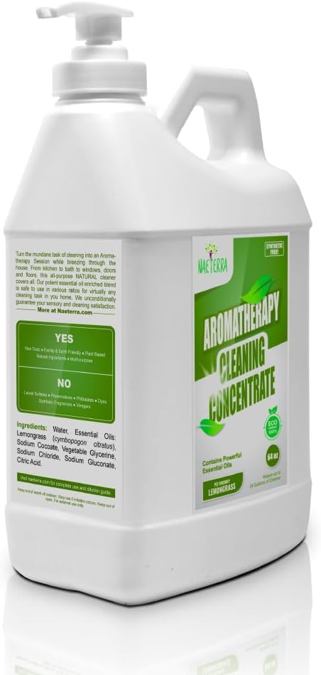 Naeterra Lemongrass Aromatherapy Cleaning Concentrate 64 oz - Natural All Purpose Multi Surface Cleaner - Plant Based Essential Oil Formula for Floors Glass & Granite - Pet Safe - Makes 24 Gallons