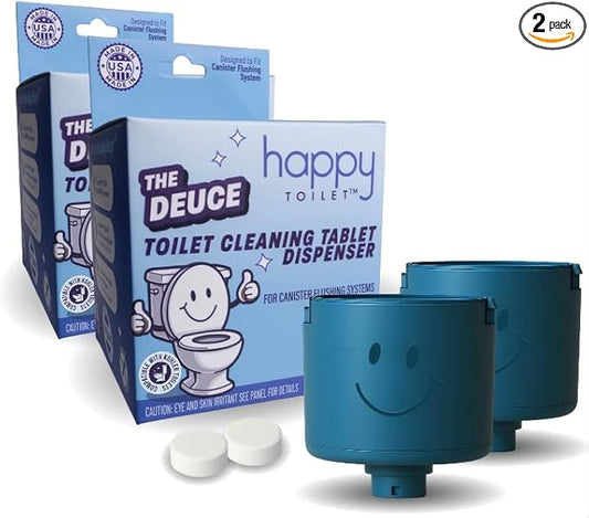 Happy Toilet Cleaner Deuce - Compatible w Kohler Toilets & Canister Flushing Systems - Automatic Toilet Bowl Cleaner 2-Pack - Easy to Install Toilet Tablet Holder, Self-Cleaning Toilet System