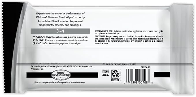 Weiman Stainless Steel Cleaner & Polish Kit, 2 Wipes & Cloth, Anti-Fingerprint, Removes Grease, Water Spots, Streaks & Residue, Polishing Cleaner Safe for Appliances, Chrome, Sinks & Grill Exteriors