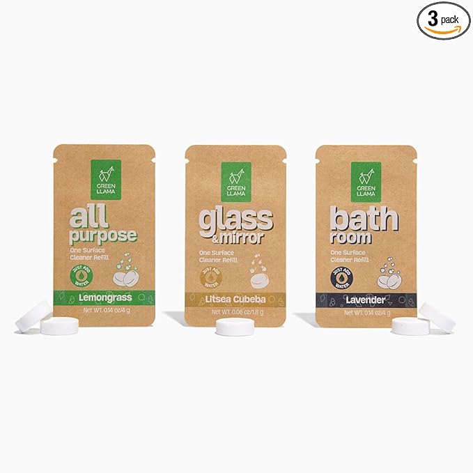 Green Llama Eco-Friendly Cleaning Refill Tablets Variety Pack - Multi-Surface, Glass & Bathroom Cleaners with Natural Essential Oils in Compostable Packaging, Biodegradable, Family & Pet Safe