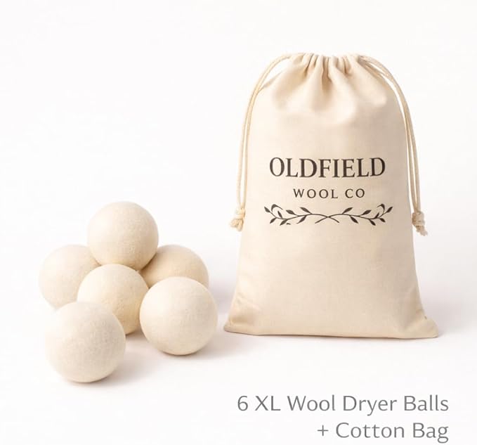 Oldfield Wool Co XL Wool Dryer Balls, 6 Pack with Cotton Storage Bag, Natural Fabric Softener Alternative, Helps Reduce Drying Time and Static, Reusable, Helps Lift Pet Hair and Lint
