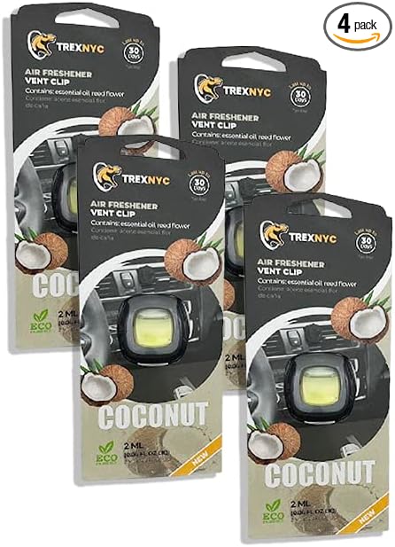 Car Air Fresheners Vent Clips, Essential Car Odor Eliminator, Perfect Scented Car Accessories, For Long Lasting Fragrance up to 30 days, 0.07 FL.OZ (Coconut, 4 Packs)