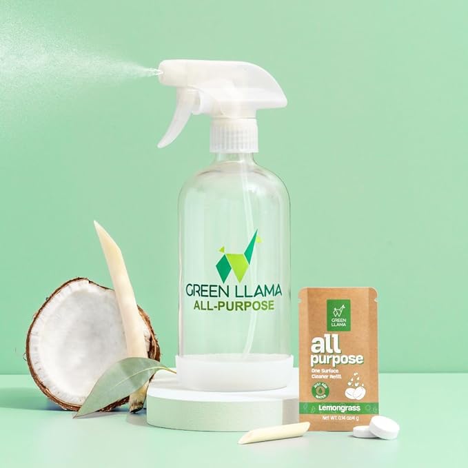 Green Llama Eco-Friendly All-Purpose Cleaning Spray | 16oz Glass Bottle, 3 Refill Tablets | Lemon Grass Scent | Natural, Sustainable, Safe for Home Surfaces | Ideal for Eco-Shoppers