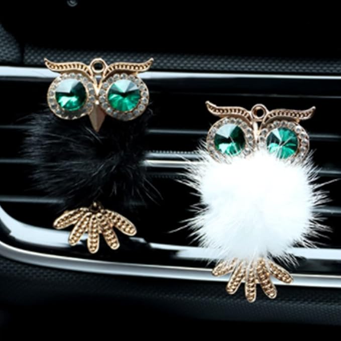 Riloer Bling Crystal Owl Car Air Vent Clip Charms, 2 Pcs Natural Car Vent Clip Air Freshener, Fashion Charms Car Essential Oil Diffuser, Car Accessories for Women (Black and White)
