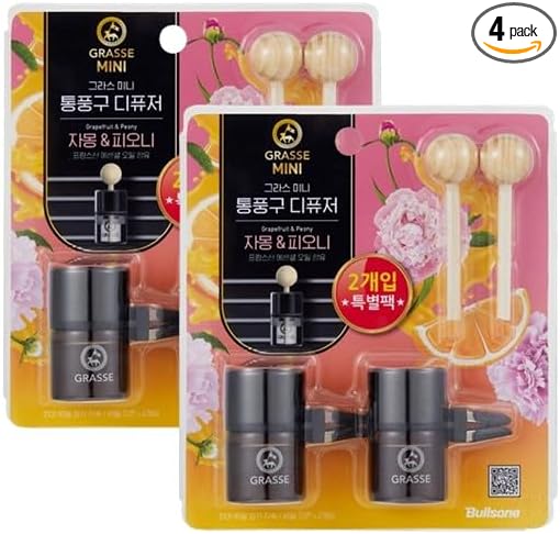 4 Pack Bullsone Diffuser Natural Home Car Air Freshener, Luxury Car Perfume, Vent Clip Type - Grapefruit & Peony Scent