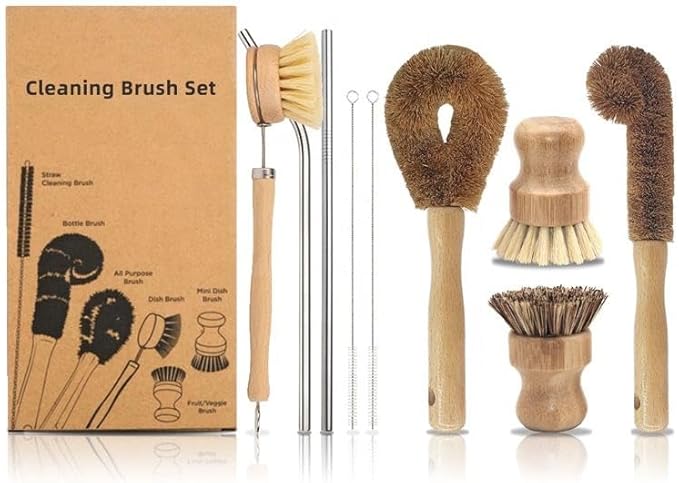 9-Piece Eco-Friendly Kitchen Cleaning Set – Bamboo Dish Brush, Bottle Brushes, Reusable Metal Straws & Cleaning Tools | Zero Waste Household Essentials | Sustainable & Durable Kitchen Accessories