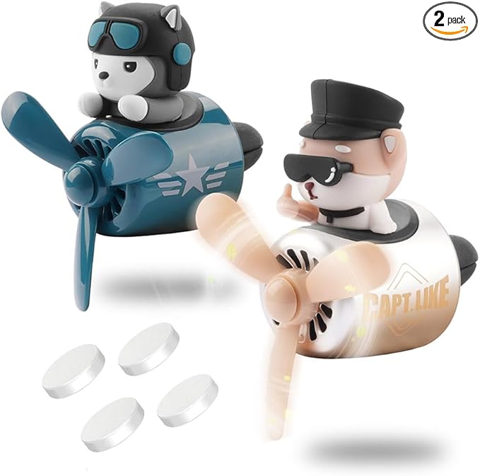 2pcs Car Air Fresheners Cute Cartoon Dog Pilot Automotive Air Outlet Propeller Car Diffuser Creative Car Perfume Decoration for Car Vent Clips Comes with 4 Fragrant Tablets (Husky + Shiba Inu)