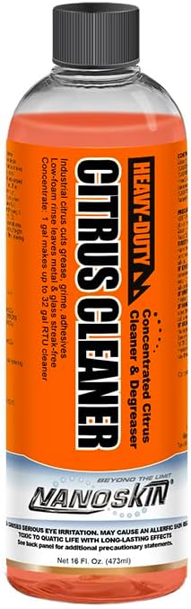 NANOSKIN Heavy-Duty Citrus Cleaner & Degreaser Concentrate 16 Oz, Low-Foam Solvent, Dilutes up to 1:32, Cuts Grease Tar Adhesives, Safe on Metal Concrete Engines, For Auto Detailing, Shop & Home