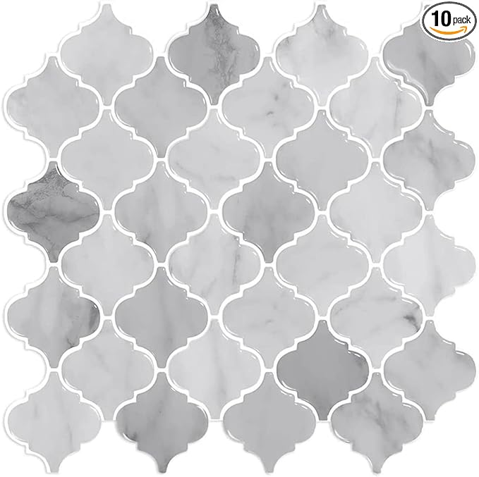 Arabesque Peel and Stick Tile for Kitchen, 12” X 12” Mix Grey Self-Adhesive Kitchen Backsplash in Marble, 10-Sheet 3D Self-Adhesive Wall Tile Stick on Tiles Backsplash(Thicker Design)