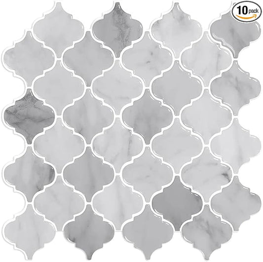 Arabesque Peel and Stick Tile for Kitchen, 12” X 12” Mix Grey Self-Adhesive Kitchen Backsplash in Marble, 10-Sheet 3D Self-Adhesive Wall Tile Stick on Tiles Backsplash(Thicker Design)