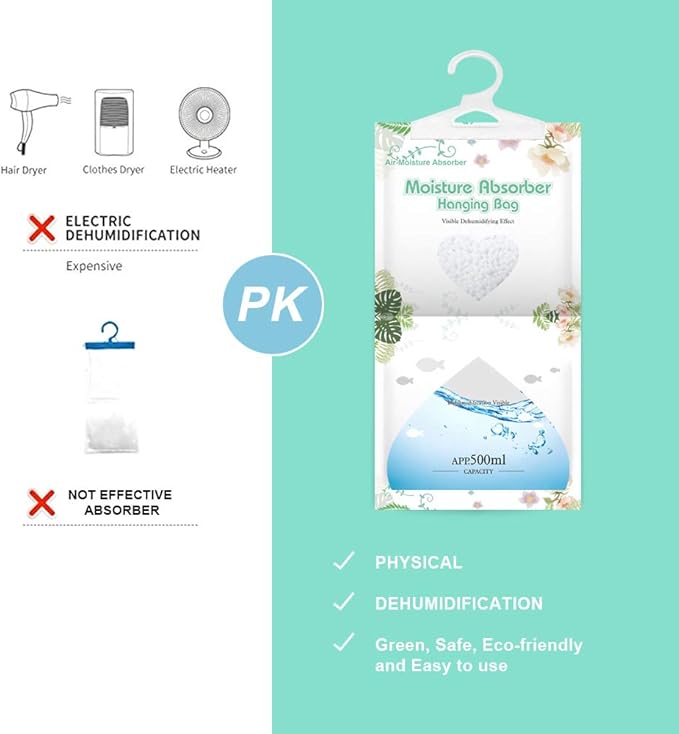 CANAGER Hanging Moisture Absorber-10 Packs, Hanging Dehumidifier Bags for Closet,Bedroom and kitchen,Fragrance Free,Moisture Absorb 12.5OZ