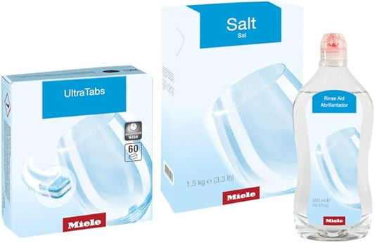 Miele 99997795 UltraTabs All in 1 Dishwasher Set, 60 x UltraTabs Detergent Tablets, 1.5 Kg Salt and 500 ml Rinse Aid for Optimum Wash and Dry