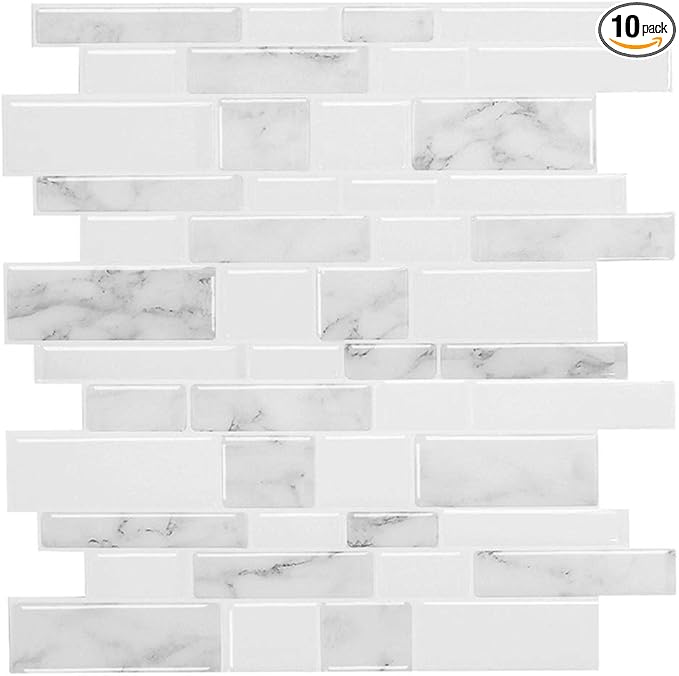 Marble Peel and Stick Backsplash for Kitchen, Thicker Design Self Adhesive Wall Tiles Stick on Backsplash, Marble Look Decorative Tiles (10 Tiles, 12”× 12”)