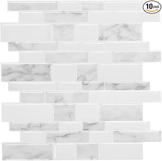 Marble Peel and Stick Backsplash for Kitchen, Thicker Design Self Adhesive Wall Tiles Stick on Backsplash, Marble Look Decorative Tiles (10 Tiles, 12?씳?12??