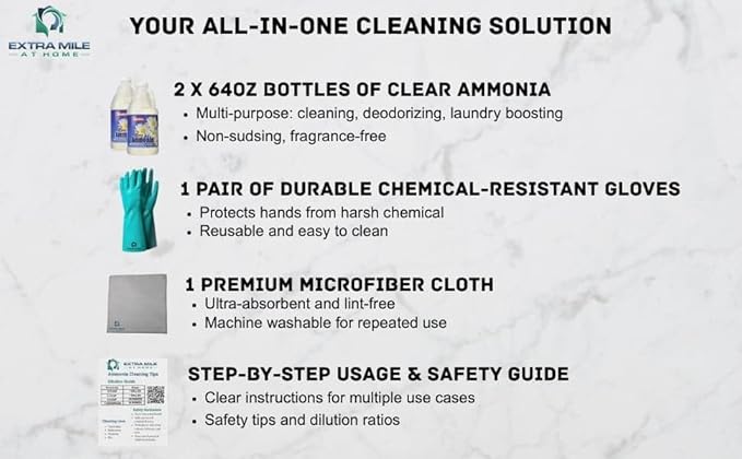 Clear Ammonia Cleaning Kit – 2 x 64oz Bottles with Gloves, Microfiber Cloth & Usage Guide – Odor Neutralizer, Degreaser & Laundry Booster