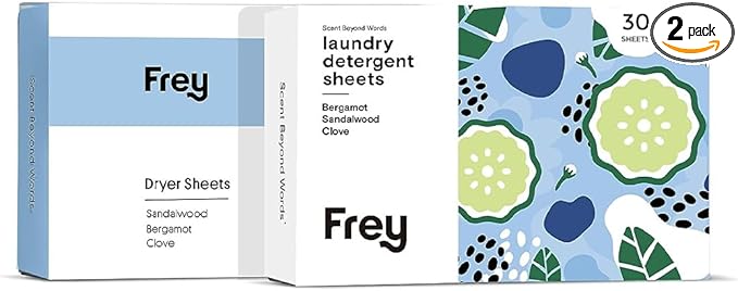 FREY Laundry Detergent + Dryer Sheets Bundle, 60 Count - Plastic Free Liquidless Full Wash Solution for Soft, Fresh Clothes, Bergamot Sandalwood Clove Scent
