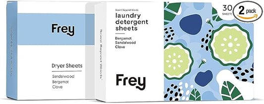 FREY Laundry Detergent + Dryer Sheets Bundle, 60 Count - Plastic Free Liquidless Full Wash Solution for Soft, Fresh Clothes, Bergamot Sandalwood Clove Scent