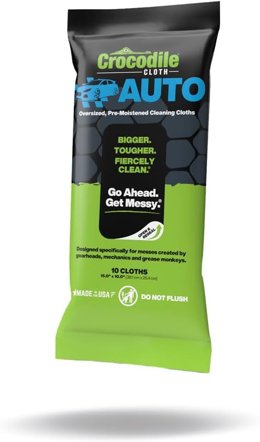 Crocodile Cloth Auto Cleaning Wipes ??10 XL (15" x 10") Disposable Wipes for Car Engine Degreasing, Body Detailing & Tire Cleaning ??Cuts Grease, Oil, Adhesives on Hands, Tools, Parts & More