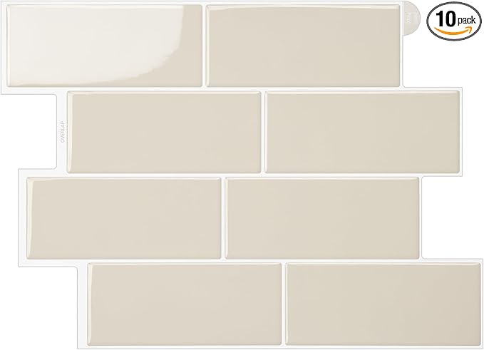 Subway Backsplash Tile Peel and Stick, Beige Self Adhesive Tiles for Kitchen, 10 Sheets Stick on Backsplash for Kitchen and Bathroom (11.56x8.38)