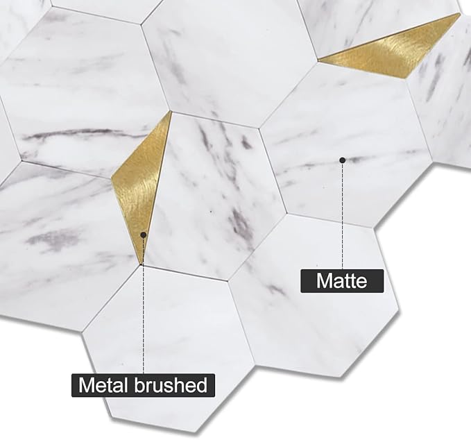 Peel and Stick Backsplash for Kitchen,New Upgrade Premium Hexagon Peel and Stick Backsplash, Seamless Backsplash Tile for Bathroom,（10-Sheet Carrara White Marble and Metal Gold）