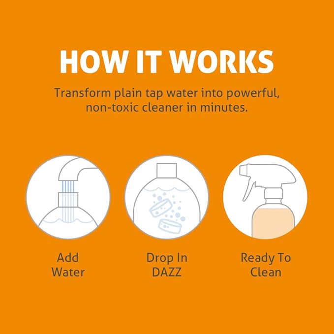 Dazz Bathroom Cleaner Starter Kit (1 Reusable Spray Bottle, 2 Refills) Tile, Tub Shower, Countertop and Bathroom Surfaces - All Natural, Eco Friendly, Non Toxic - Safe for Kids & Pets