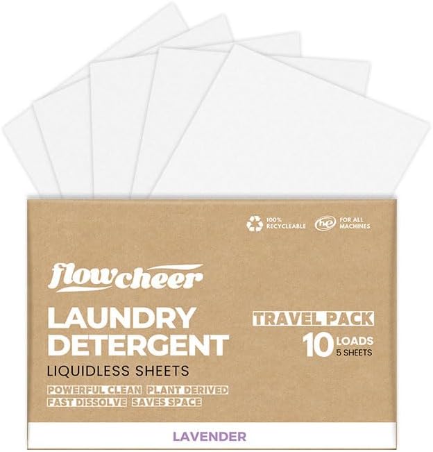 Flowcheer Laundry Detergent Sheets 10 Loads, Powerful Cleaning, Plastic-Free Washer Sheets,Travel Detergent Sheet, Lavender