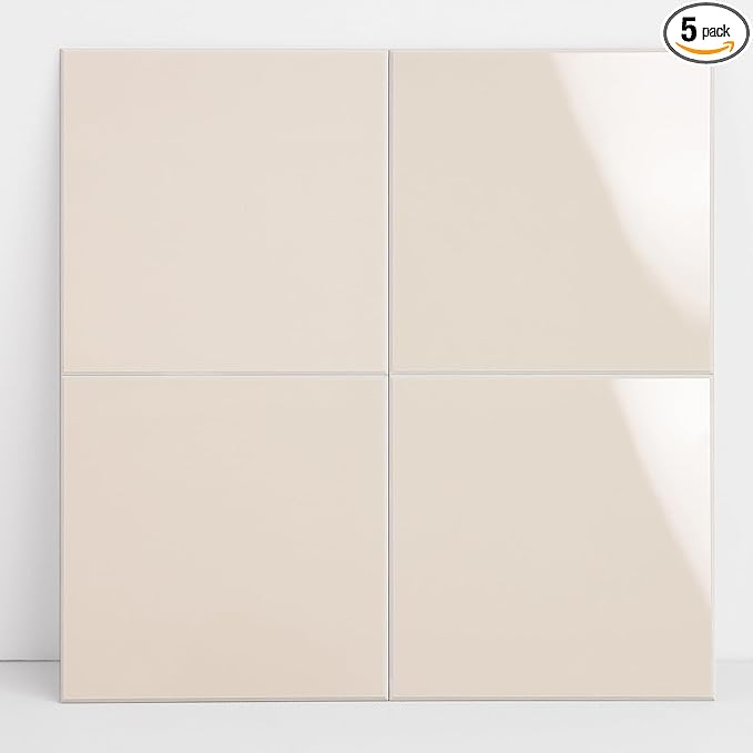 Peel and Stick Tiles for Kitchen Backsplash, New Upgrade Design 9" x9" SPC Square Marble Tiles, Glossy Beige Premium Mosaic Tiles(5-Sheet)