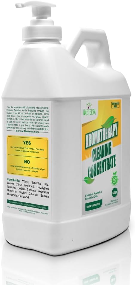 Naeterra Aromatherapy Cleaning Concentrate – Lemon & Eucalyptus | Ultra-Concentrated, Plant-Based Household Cleaner | Half Gallon Makes 24 Gallons | Non-Toxic & Biodegradable