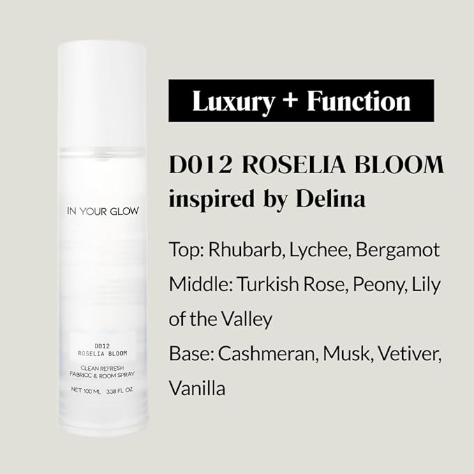In Your Glow Fabric & Room Mist Spray– Long-Lasting Clean Scent, Unisex Luxury Fragrance & Odor Eliminator, 100ml- D012 ROSELIA BLOOM