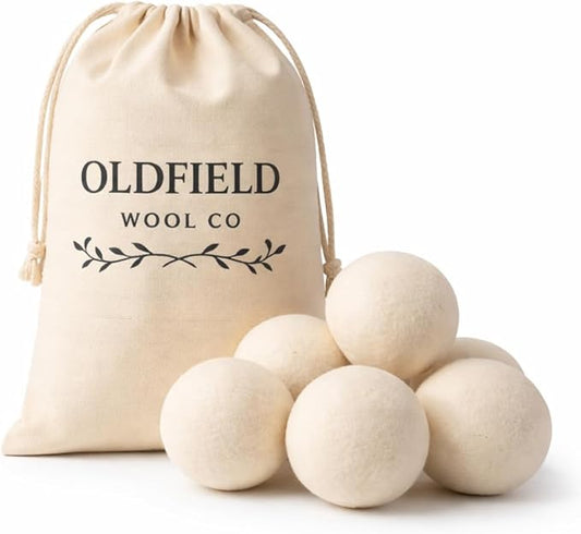 Oldfield Wool Co XL Wool Dryer Balls, 6 Pack with Cotton Storage Bag, Natural Fabric Softener Alternative, Helps Reduce Drying Time and Static, Reusable, Helps Lift Pet Hair and Lint