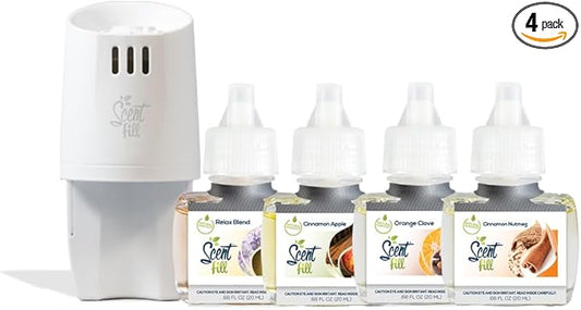 Scent Fill Fall Plug in Air Freshener Kit (Relax Blend, Cinnamon Apple, Orange Clove, Sweet & Spicy Cinnamon Nutmeg), 4 Refills + Diffuser