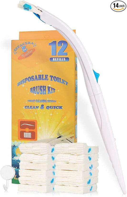 Disposable Toilet Bowl Brush Holder System, Fresh Refills for Bathroom Scrubber, 1 Toilet Brush+1 Holder+1 Cleaning Glove+12 Refills