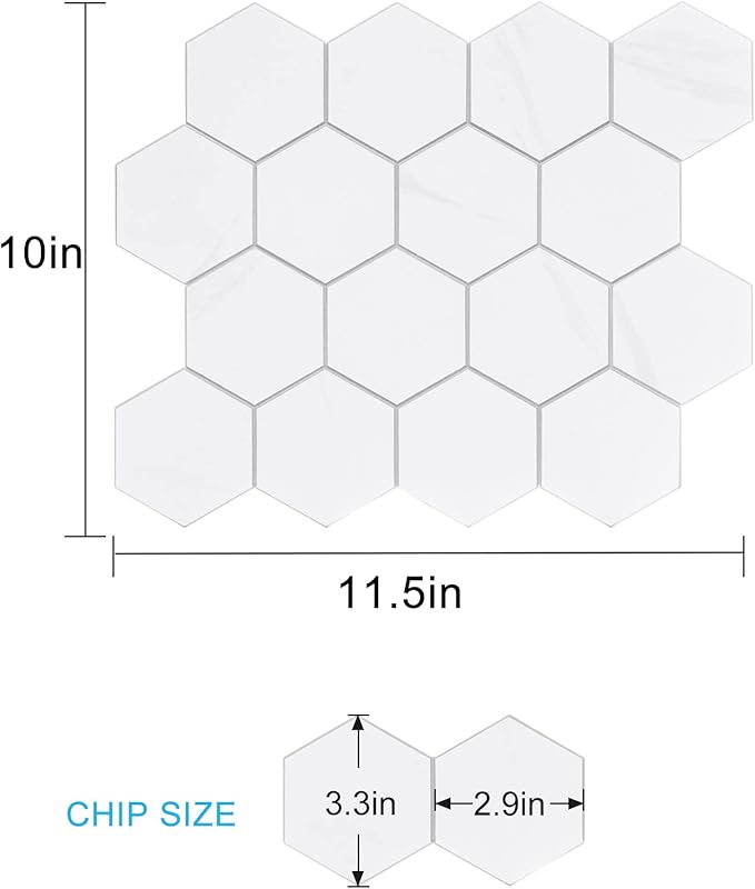 New Upgrade Premium Hexagon Peel and Stick Tile Backsplash, White Waterproof Stick on Backsplash, Self-Adhesive Marble Tiles for Kitchen,Bathroom and Bedroom，10-Sheet.
