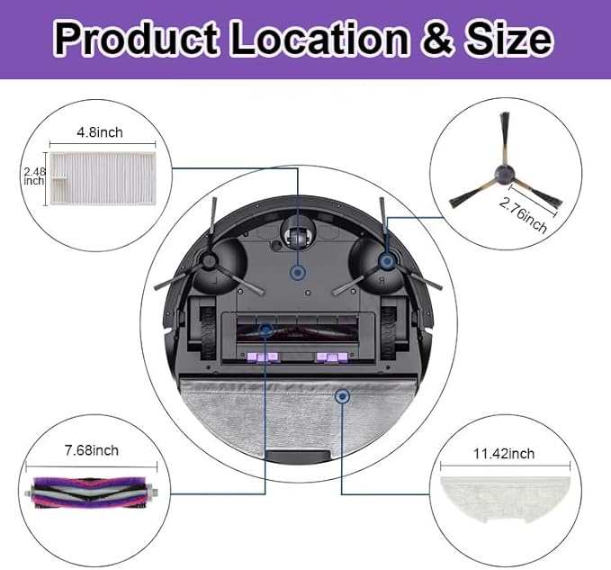 E10s Replacement Parts Accessories Compatible with Eureka E10s Robot Vacuum Cleaner, Including 1 Main Brush, 2 Hepa Filters, 2 Mop Pads, 4 Edge-Sweeping Brushes (9Pc)
