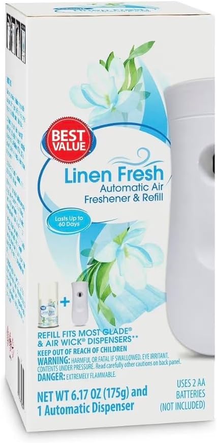 Automatic Air Freshener Spray Kit with 1 Refill Included Linen Fresh – Programmable Dispenser Odor Eliminator for Home Bathroom Office – 2 Pieces Set