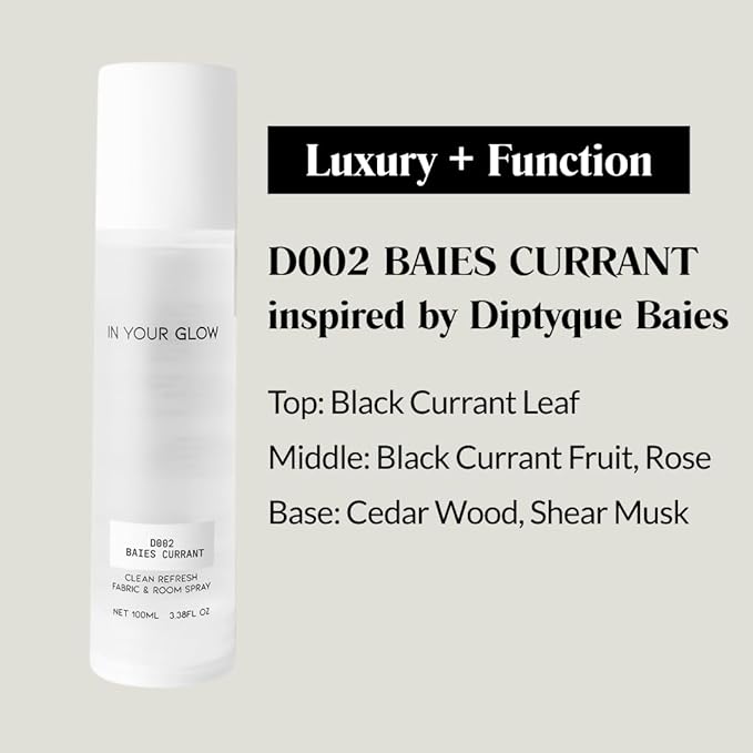 In Your Glow Fabric & Room Mist Spray– Long-Lasting Clean Scent, Unisex Luxury Fragrance & Odor Eliminator, 100ml- D002 BAIES CURRANT
