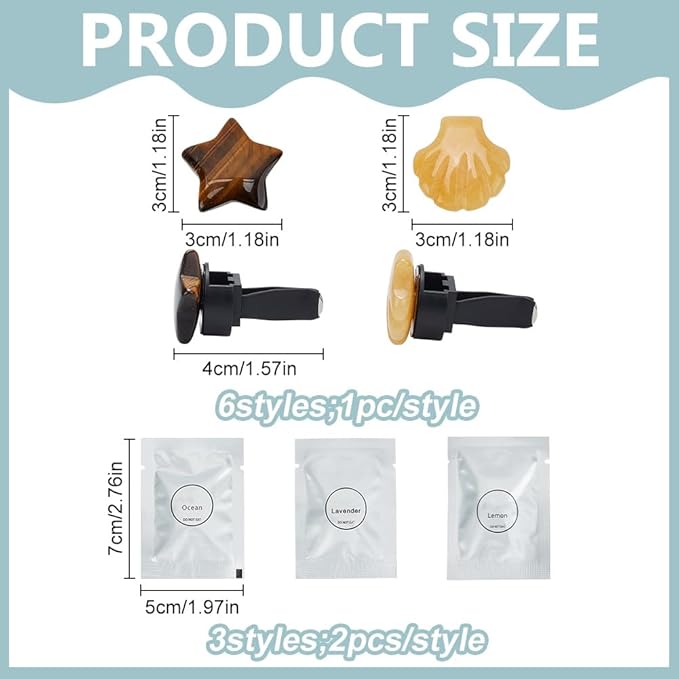 PLIGREAT 6 Pcs Natural Stone Car Vent Clips, Cute Star SeaShell Air Freshener Vent Clips Boho Stone Accessories for Women Men Car Interior Decor, 2 Shapes