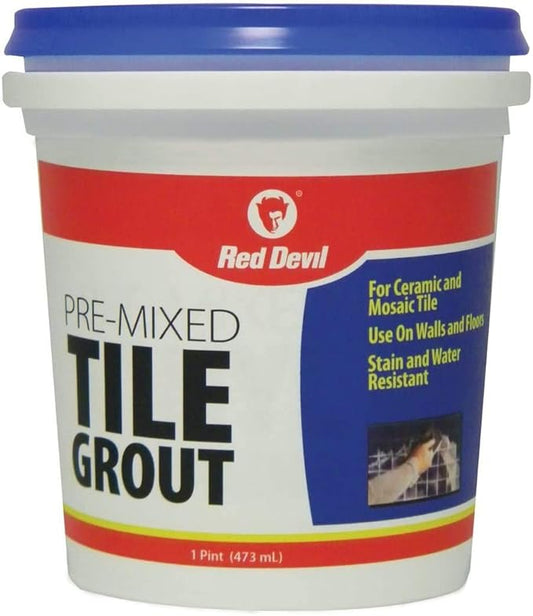 Red Devil 0428 Pre-Mixed Tile Grout - Professional Quality, Excellent Adhesion, Ideal for Wall & Floor Use - 1 Pint, White, Pack of 12, Made in USA