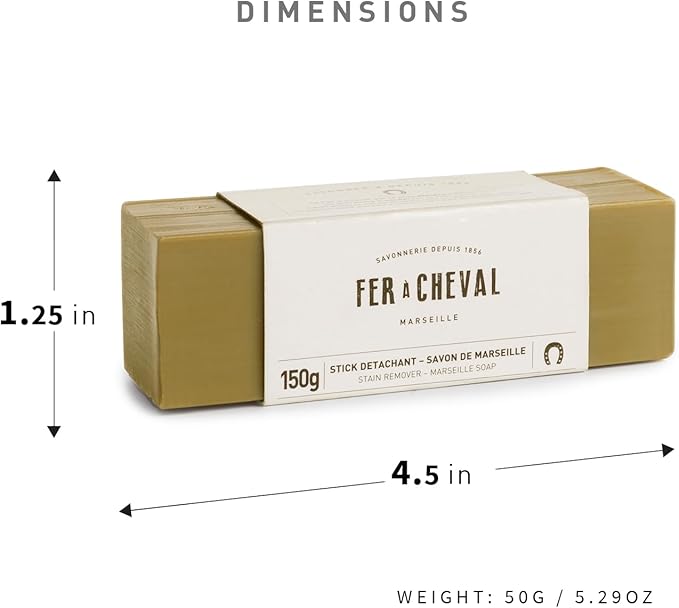 Fer à Cheval Marseille Soap Stain Remover Stick 2 Pack - Natural, Hypoallergenic, Travel-Sized Laundry Solution, 150 g/5.29 oz (Stick)