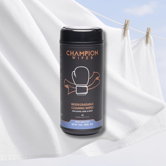 Boxing Glove Cleaning Wipes, 45 Count | Tea Tree Oil Formula | For Gloves, Gear & Body | Made with Biodegradable Viscose | Streak Free, No Residue (Canister, Fresh Linen)