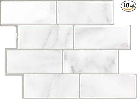 Subway Backsplash Tile Peel and Stick, Marble White Self Adhesive Tiles for Kitchen, 10-Sheet Stick on Backsplash for Kitchen and Bathroom (11.56x8.38)