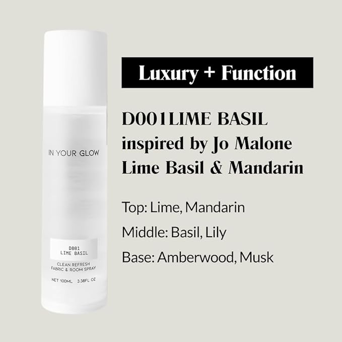 In Your Glow Fabric & Room Mist Spray– Long-Lasting Clean Scent, Unisex Luxury Fragrance & Odor Eliminator, 100ml- D001 LIME BASIL