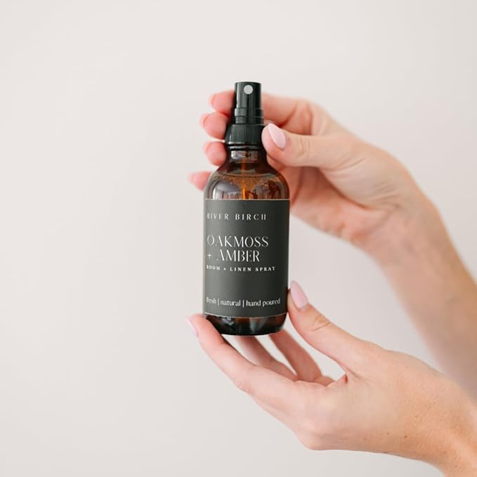 River Birch Oakmoss + Amber Scented Linen and Room Spray | Home Fragrance | 4 oz Glass Amber Bottle | Luxury Signature Scent | Handmade in Texas