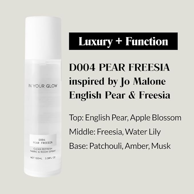 In Your Glow Fabric & Room Mist Spray– Long-Lasting Clean Scent, Unisex Luxury Fragrance & Odor Eliminator, 100ml- D004 PEAR FREESIA